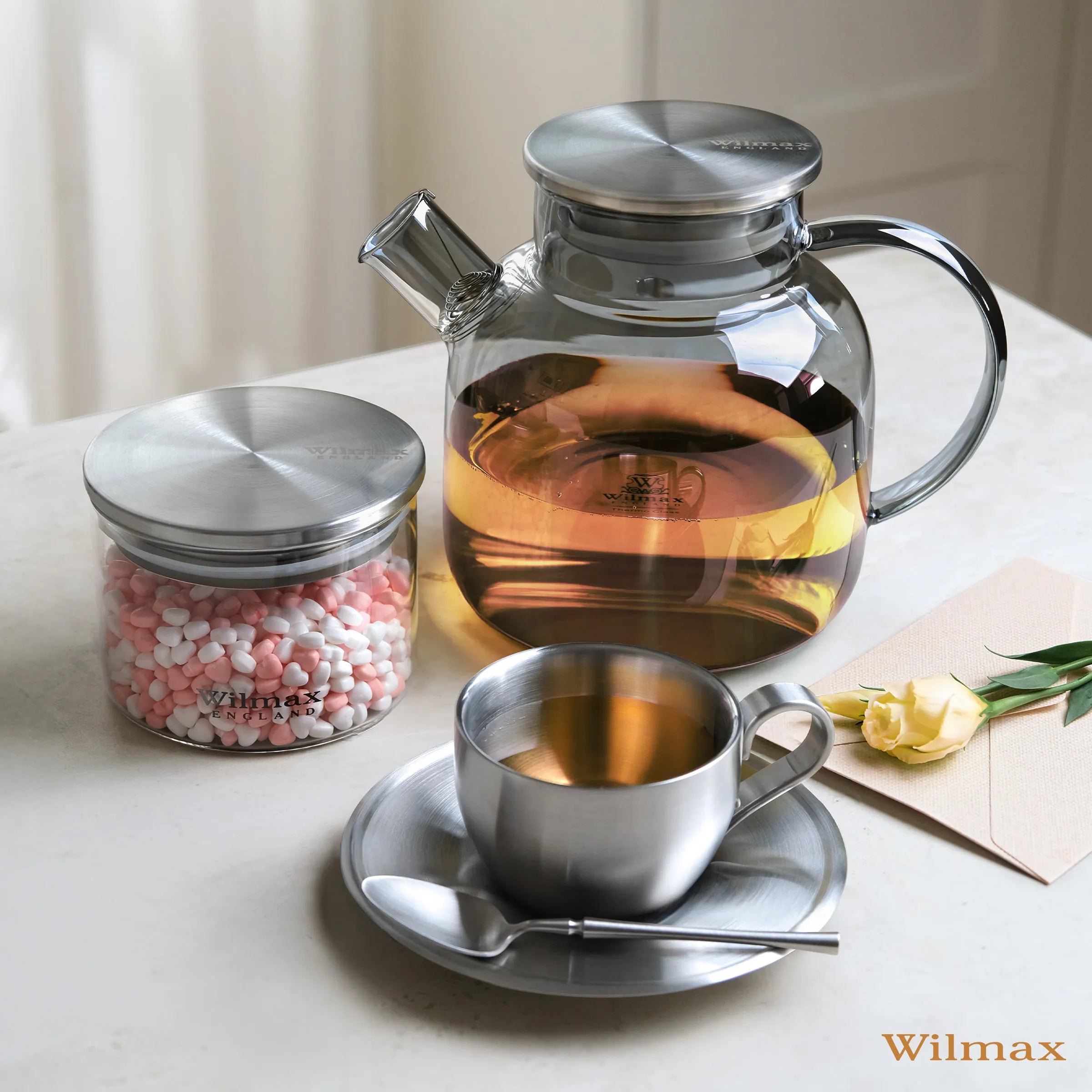 Wilmax Teekanne 1200 ml mit Federfilter und mit Edelstahldeckel Grau aus Thermoglas