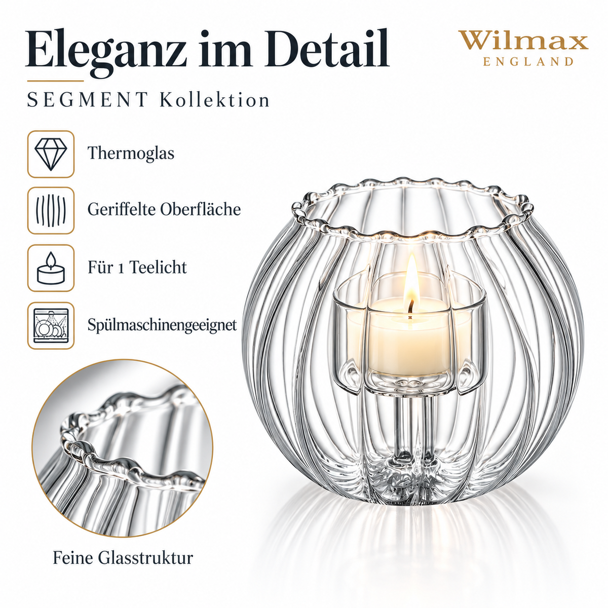 Wilmax Teelichthalter für 1 Teelicht 12 × 10 cm Transparent aus Glas