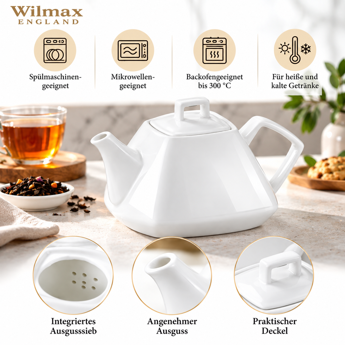 Wilmax Kaffee- und Teekanne mit integriertem Ausgusssieb 1050 ml Weiß aus Porzellan