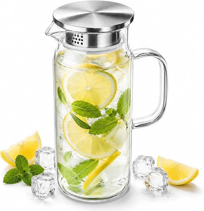 Wilmax Krug 1000 ml mit Edelstahldeckel Transparent aus Thermoglas