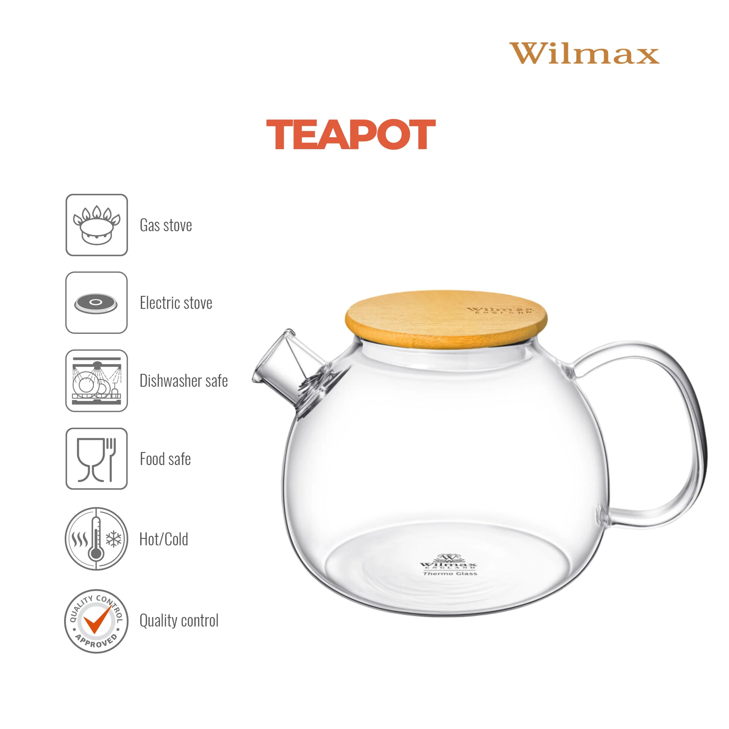 Wilmax Teekanne 1500 ml mit Federfilter und Bambusdeckel Transparent aus Thermoglas