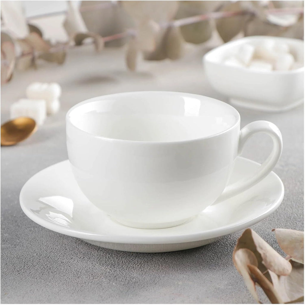 Wilmax Tasse mit Untertasse 400 ml 6er-Set Weiß aus Porzellan