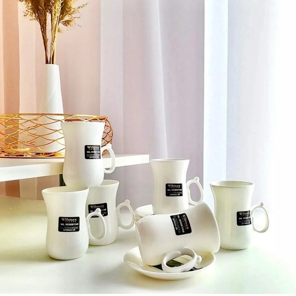 Wilmax Tasse mit Untertassen 6er-Set Weiß aus Porzellan