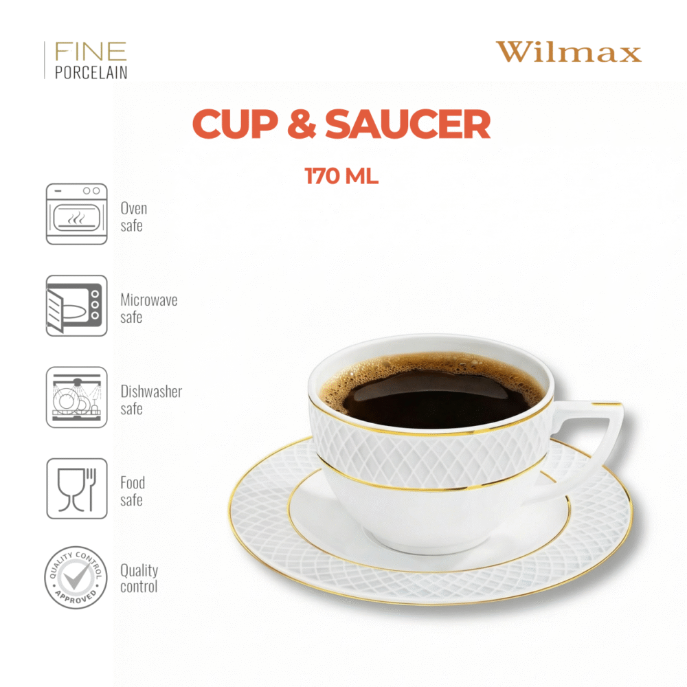 Wilmax Cappuccinotasse mit Untertasse 170 ml Weiß mit Golddekor aus Porzellan