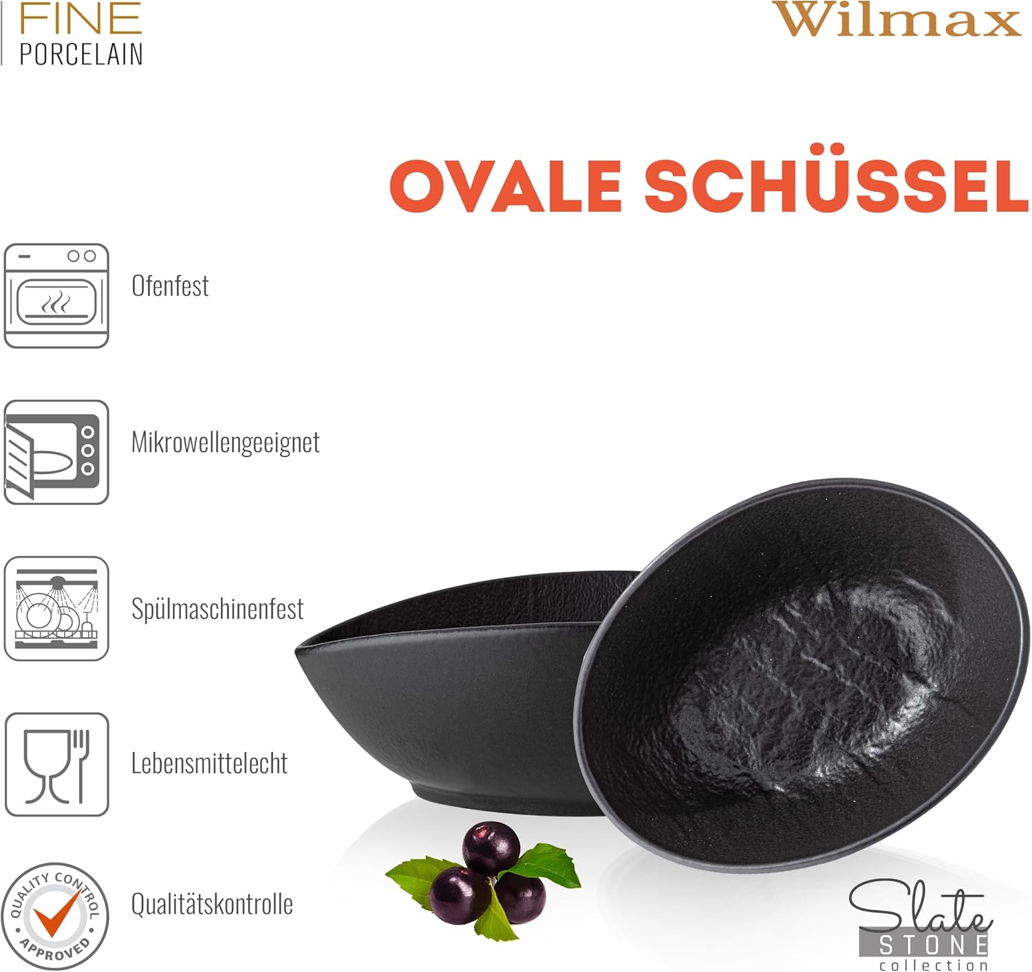 Wilmax Ovale Schale 19 × 15 × 6 cm 3er-Set Schwarz aus Porzellan