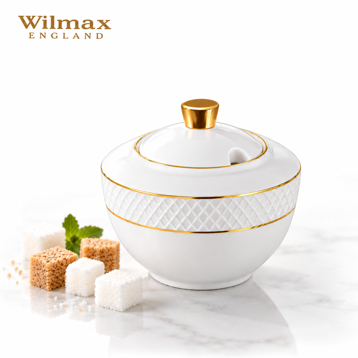 Wilmax Zuckerdose 340 ml Weiß mit Golddekor aus Porzellan