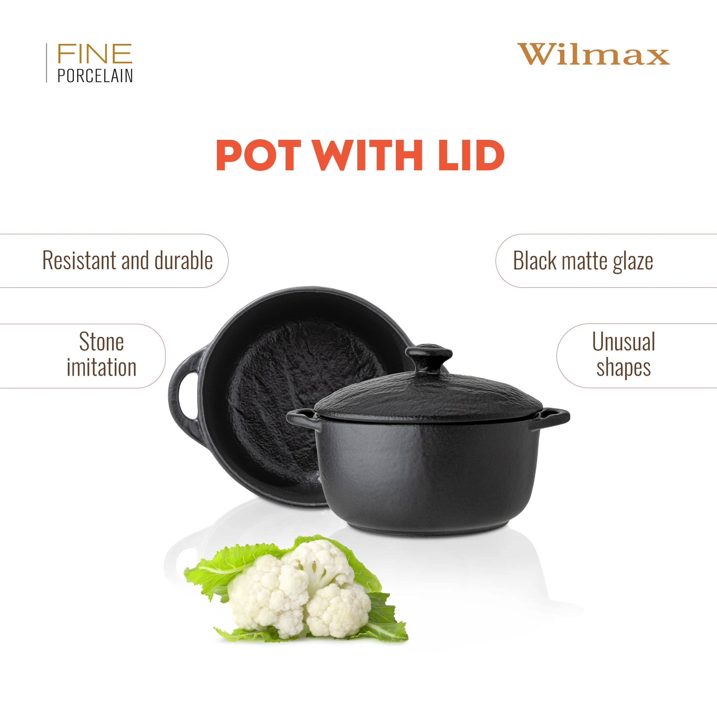 Wilmax Topf mit Deckel 600 ml Schwarz aus Porzellan
