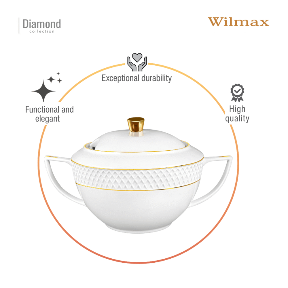 Wilmax Suppenterrine mit Deckel 2800 ml Weiß mit Golddekor aus Porzellan