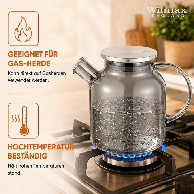 Wilmax Teekanne 1600 ml mit Federfilter und mit Edelstahldeckel Rauchgrau aus Thermoglas