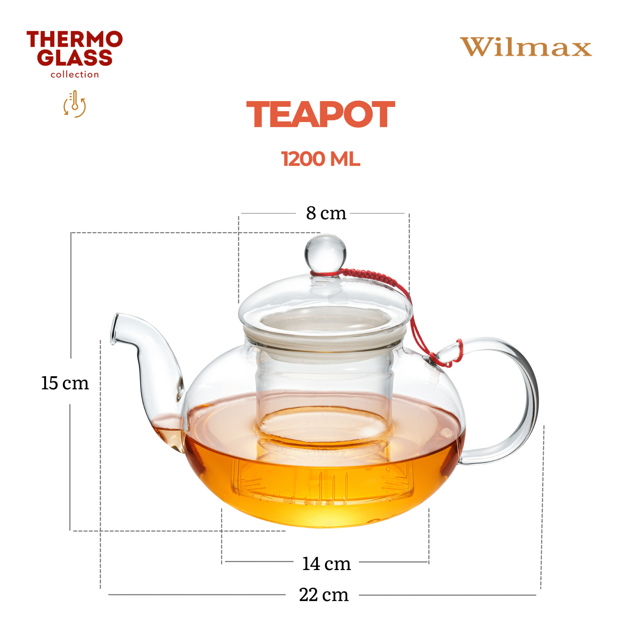 Wilmax Teekanne 1200 ml mit Glasfilter Transparent aus Thermoglas
