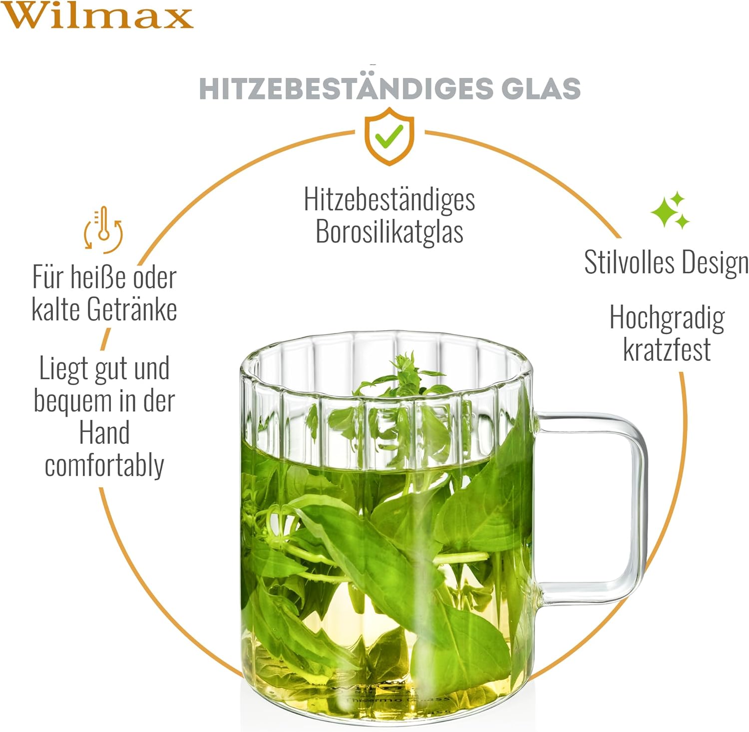 Wilmax Hitzebeständige Glastasse mit Henkel 250 ml 6er-Set aus Glas