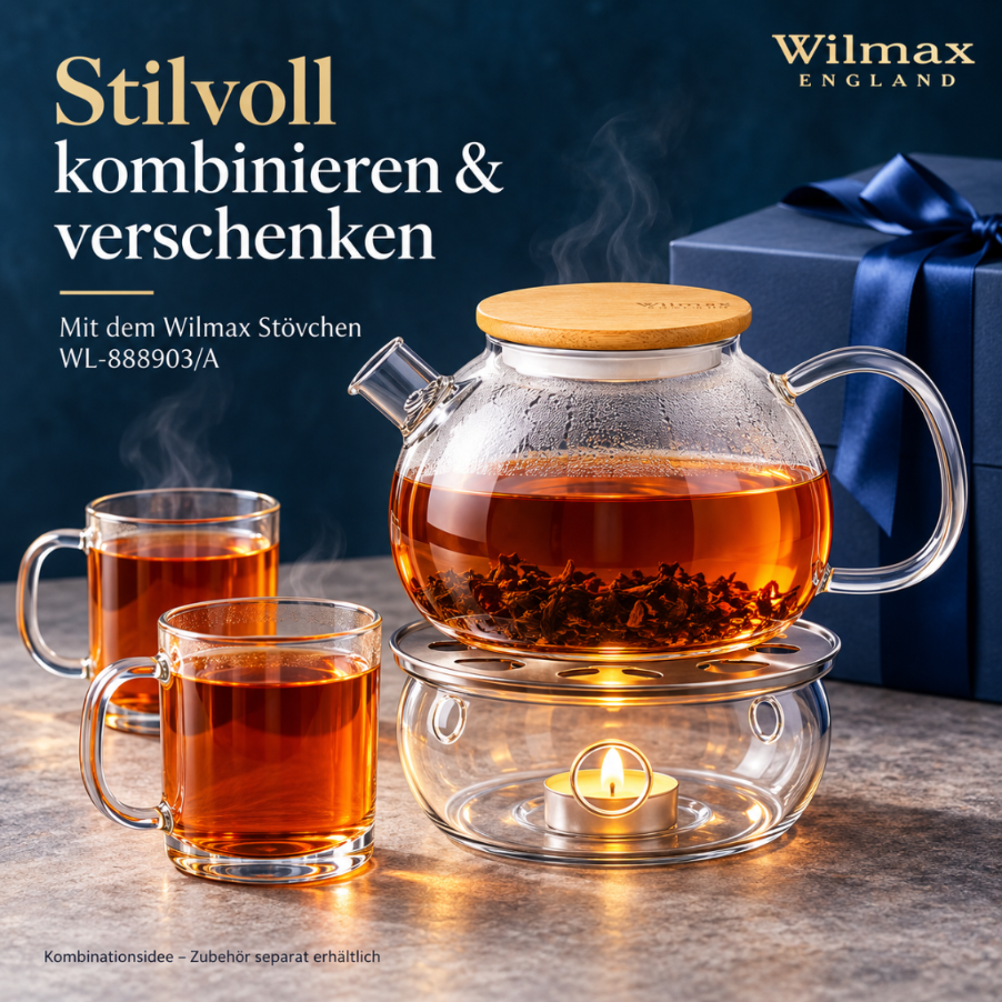 Wilmax Teekanne 1500 ml mit Federfilter und Bambusdeckel Transparent aus Thermoglas