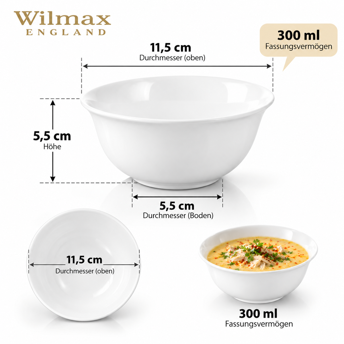 Wilmax Schale 300 ml 11,5 cm Weiß aus Porzellan