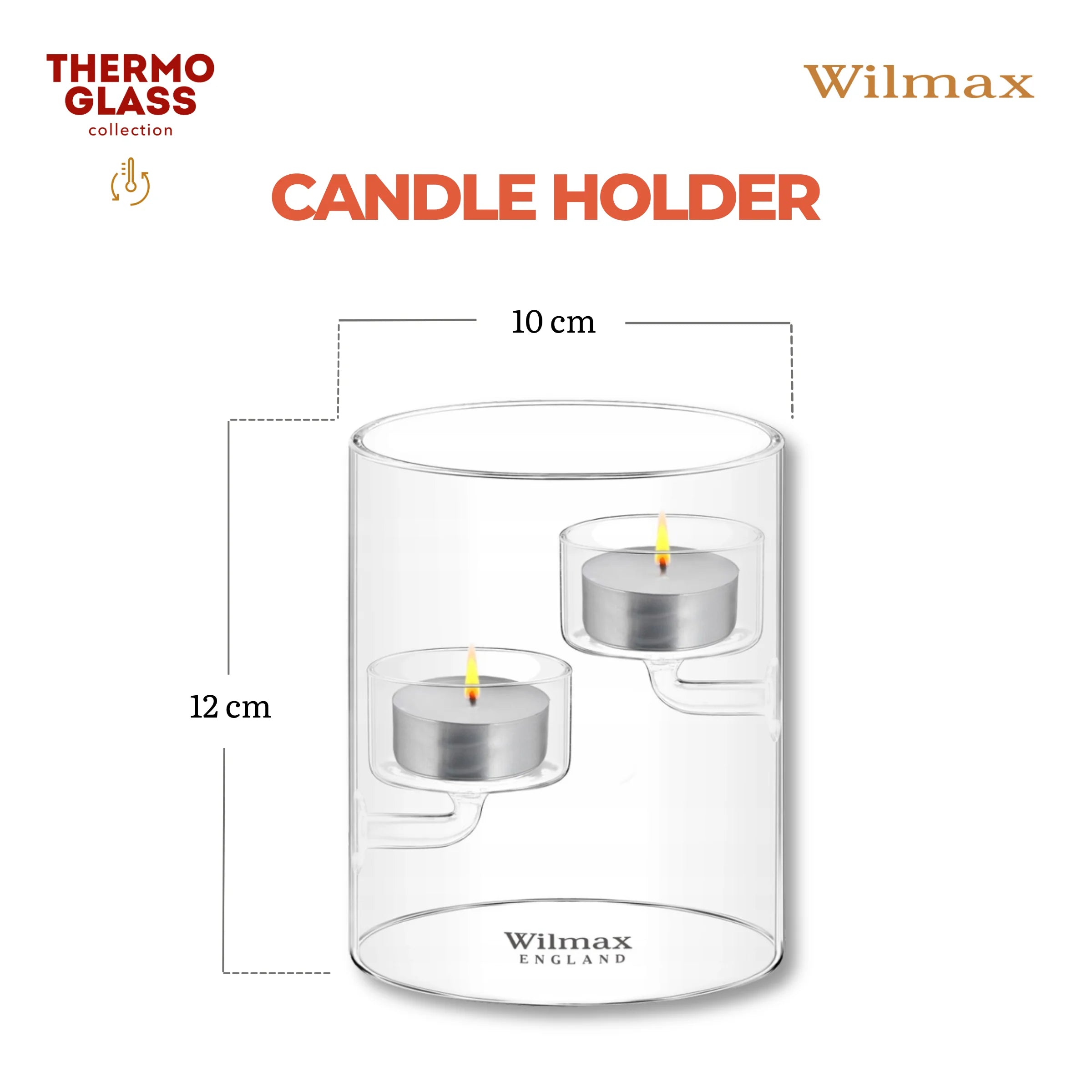 Wilmax Teelichthalter für 2 Teelichter 12 cm Transparent aus Glas