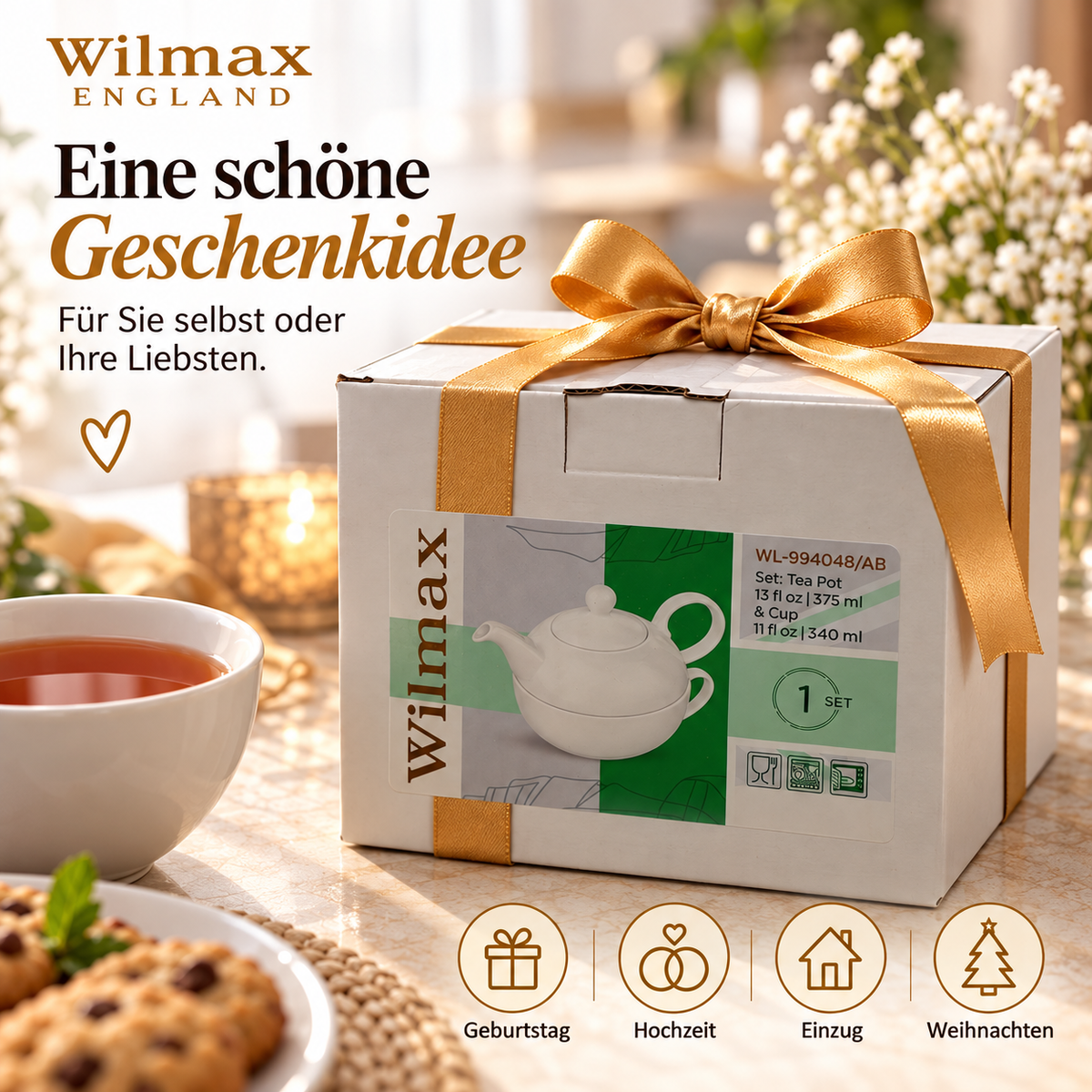Wilmax Teekannen- und Tassen-Set 375 ml / 240 ml Weiß aus Porzellan