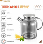 Wilmax Teekanne 1600 ml mit Federfilter und mit Edelstahldeckel Rauchgrau aus Thermoglas