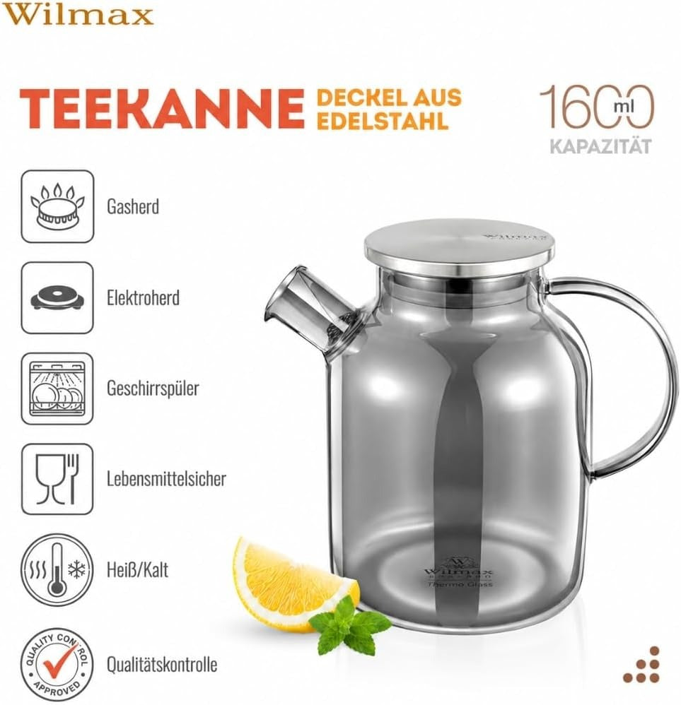 Wilmax Teekanne 1600 ml mit Federfilter und mit Edelstahldeckel Rauchgrau aus Thermoglas