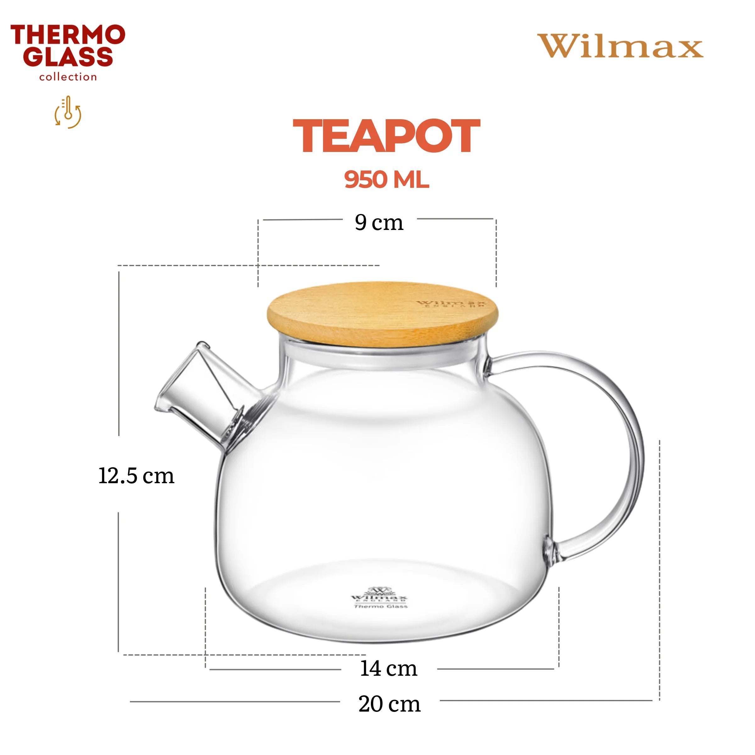 Wilmax Teekanne 950 ml mit Federfilter und Bambusdeckel Transparent aus Thermoglas