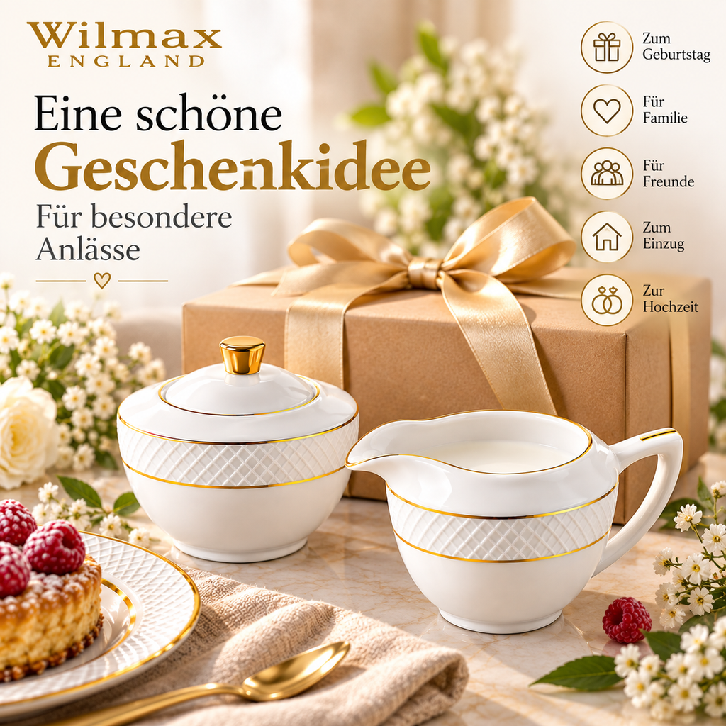 Wilmax Zucker- und Milchkännchen-Set mit Goldrand aus Porzellan 2-teilig