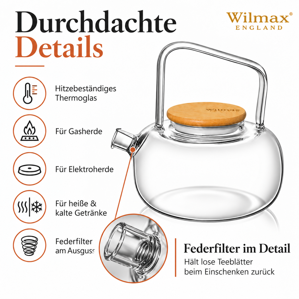 Wilmax Teekanne 1000 ml mit Federfilter und Bambusdeckel Transparent aus Thermoglas