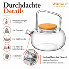 Wilmax Teekanne 1000 ml mit Federfilter und Bambusdeckel Transparent aus Thermoglas