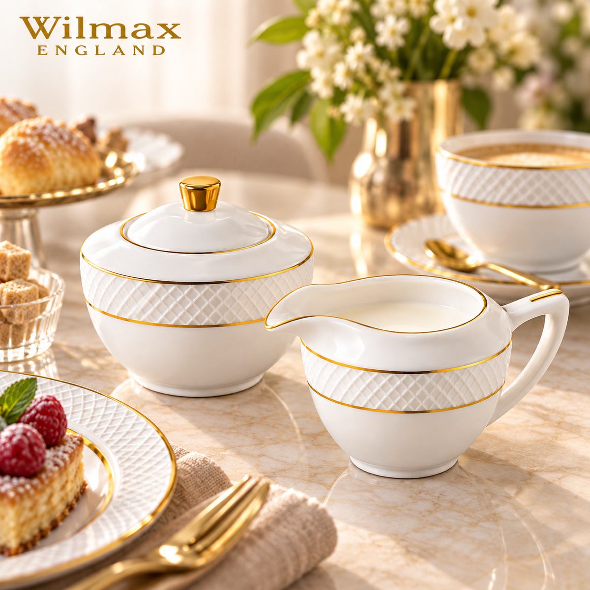 Wilmax Zucker- und Milchkännchen-Set mit Goldrand aus Porzellan 2-teilig