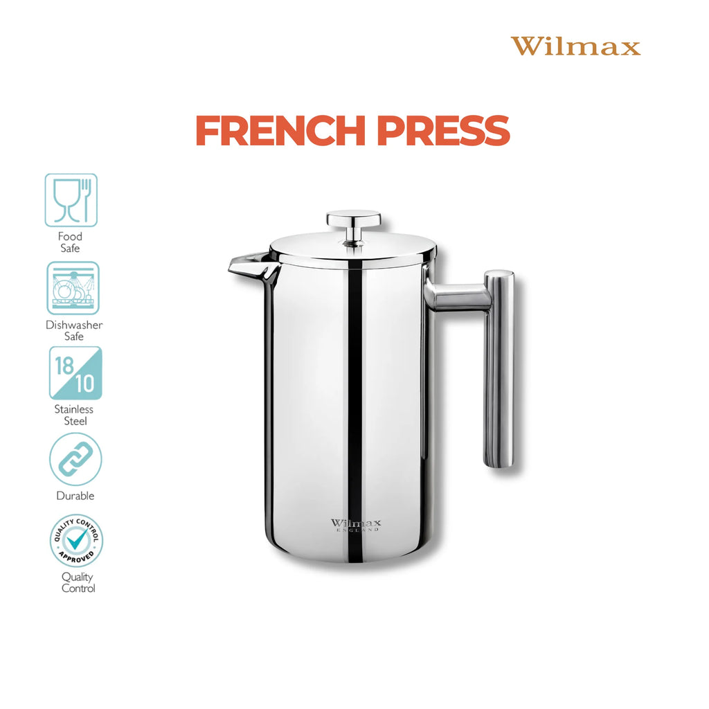Wilmax Doppelwandige French Press 1000 ml Silber aus Edelstahl