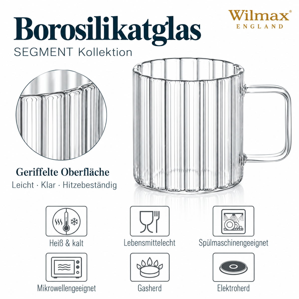 Wilmax Hitzebeständiger Glasbecher mit Henkel 200 ml 6er-Set aus Glas