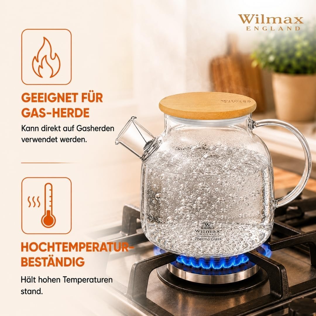 Wilmax Teekanne 1200 ml mit Bambusdeckel Transparent aus Thermoglas