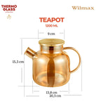 Wilmax Teekanne 1200 ml mit Federfilter und mit Edelstahldeckel Gold aus Thermoglas
