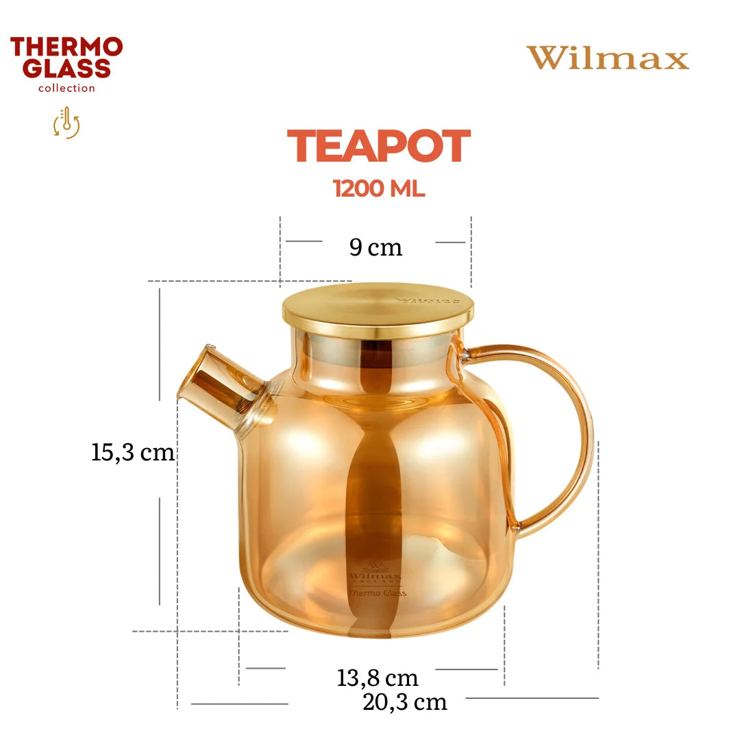 Wilmax Teekanne 1200 ml mit Edelstahldeckel Gold aus Thermoglas