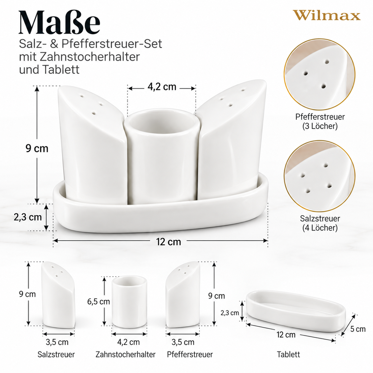 Wilmax Salz- und Pfefferstreuer-Set mit Tablett Weiß aus Porzellan