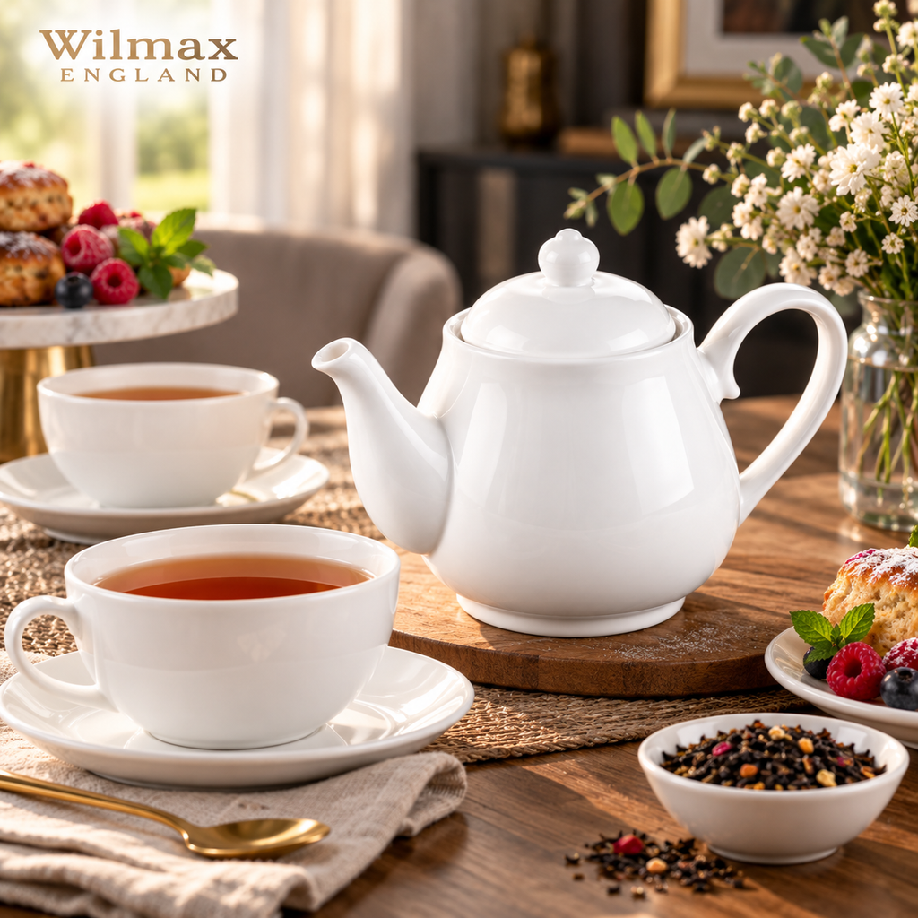 Wilmax Kaffee- und Teekanne mit integriertem Ausgusssieb 850 ml Weiß aus Porzellan