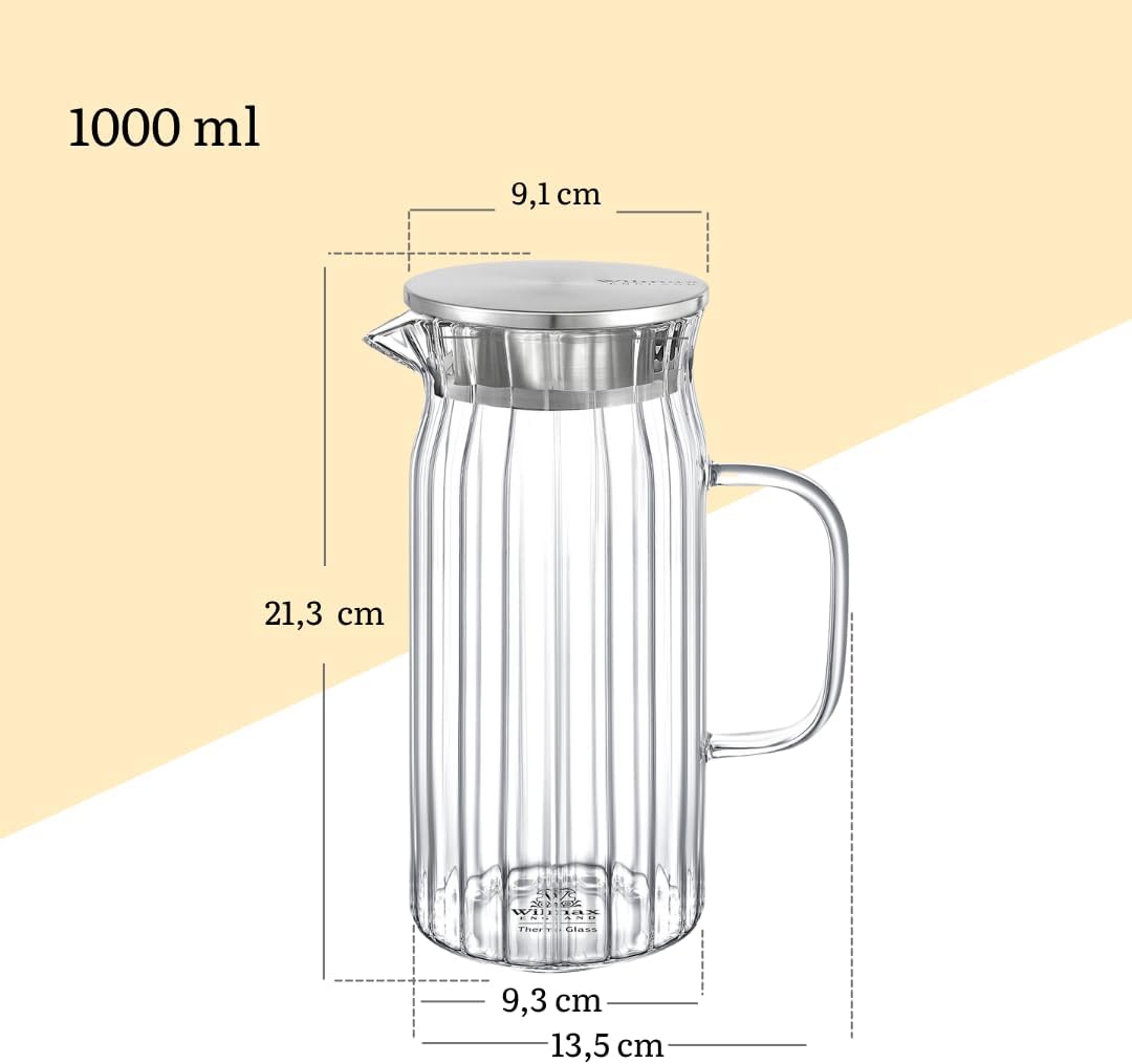 Wilmax Getränkeset 7-teilig mit Krug 1000 ml mit Edelstahldeckel und 6 hitzebeständige Glasbecher mit Henkel 300 ml aus Glas