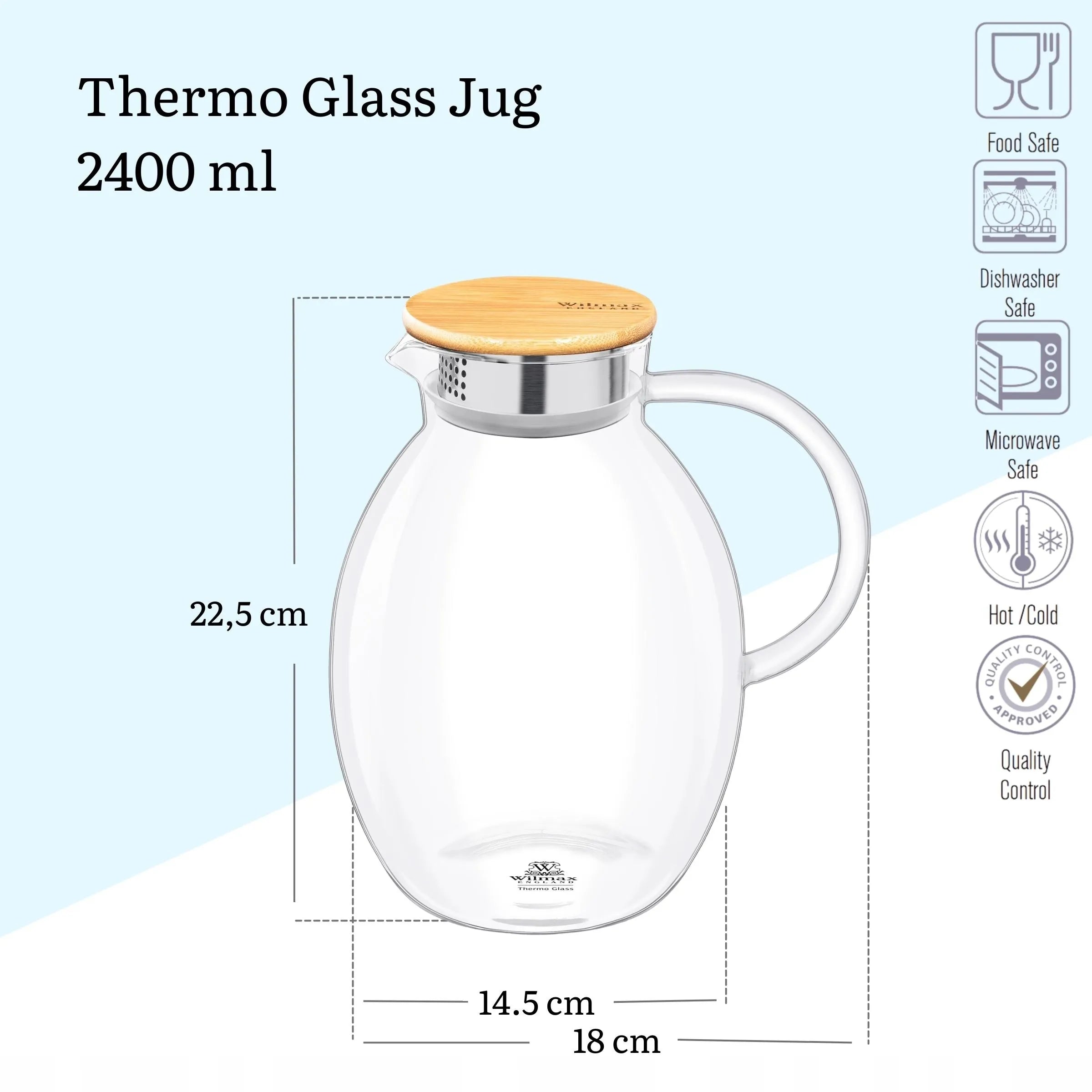 Wilmax Krug 2400 ml mit Bambusdeckel und Filter Transparent aus Thermoglas