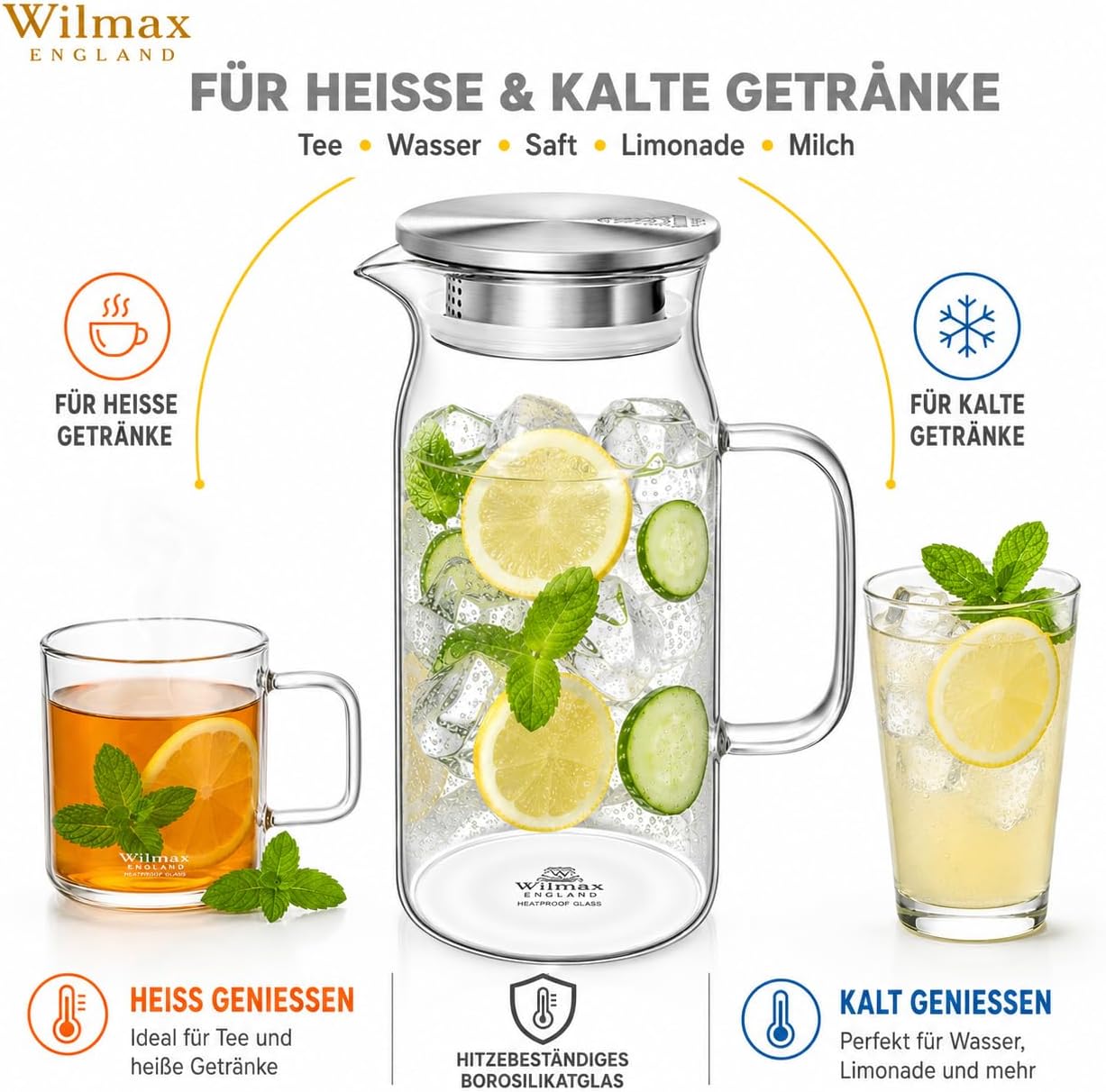 Wilmax Krug 1000 ml mit Edelstahldeckel Transparent aus Thermoglas
