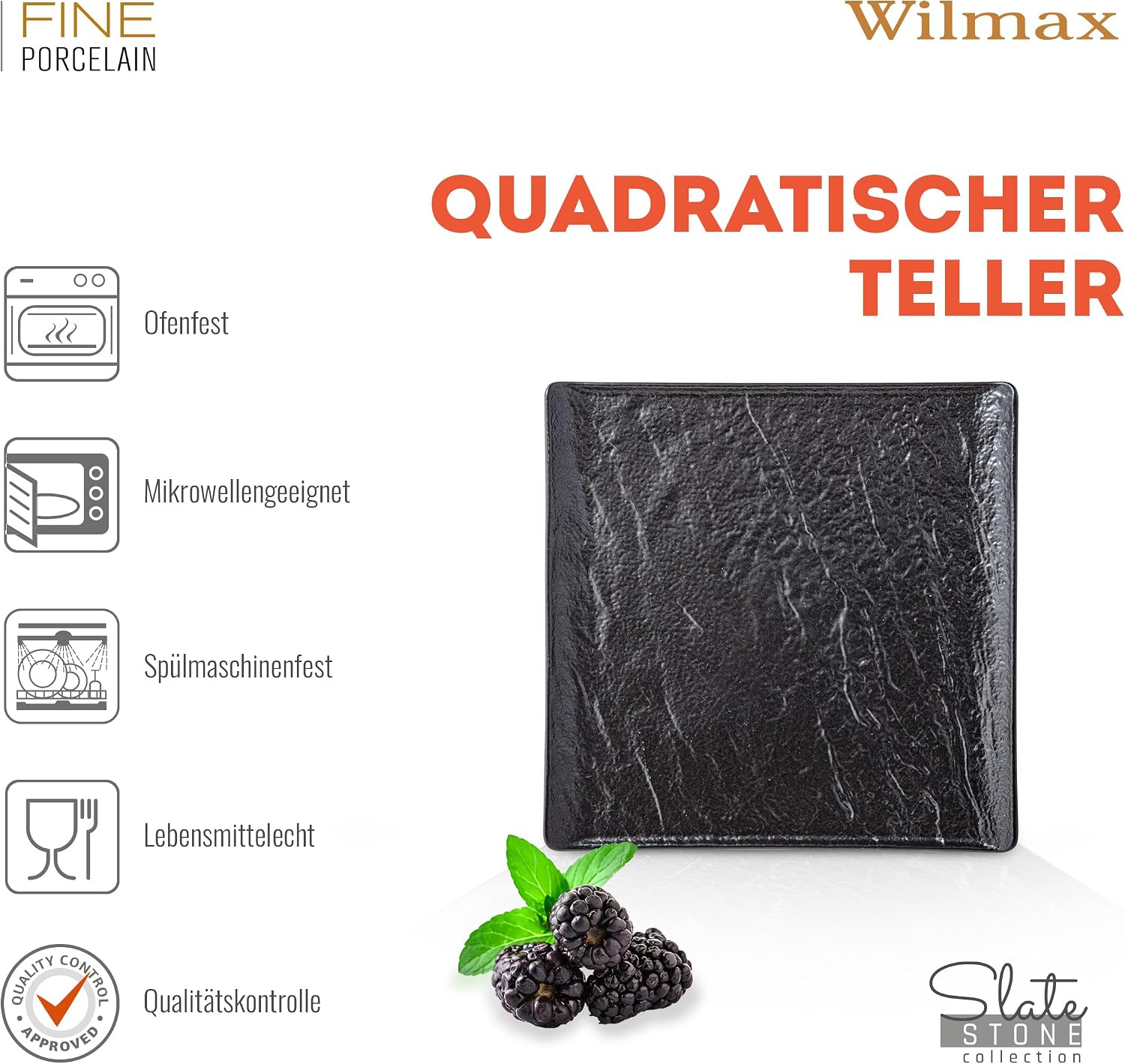 Wilmax Quadratische Servierplatte 13 × 13 cm 6er-Set Schwarz aus Porzellan