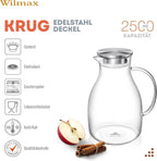 Wilmax Krug 2500 ml mit Edelstahldeckel und Filter Transparent aus Thermoglas