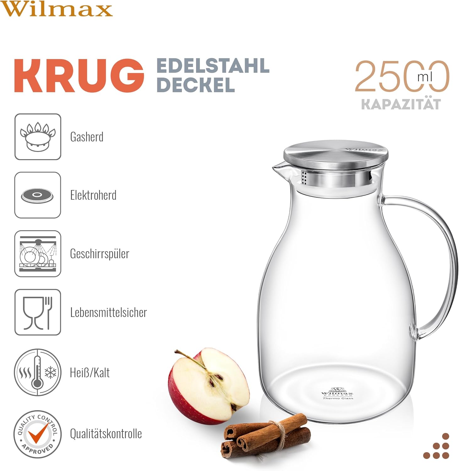 Wilmax Krug 2500 ml mit Edelstahldeckel und Filter Transparent aus Thermoglas