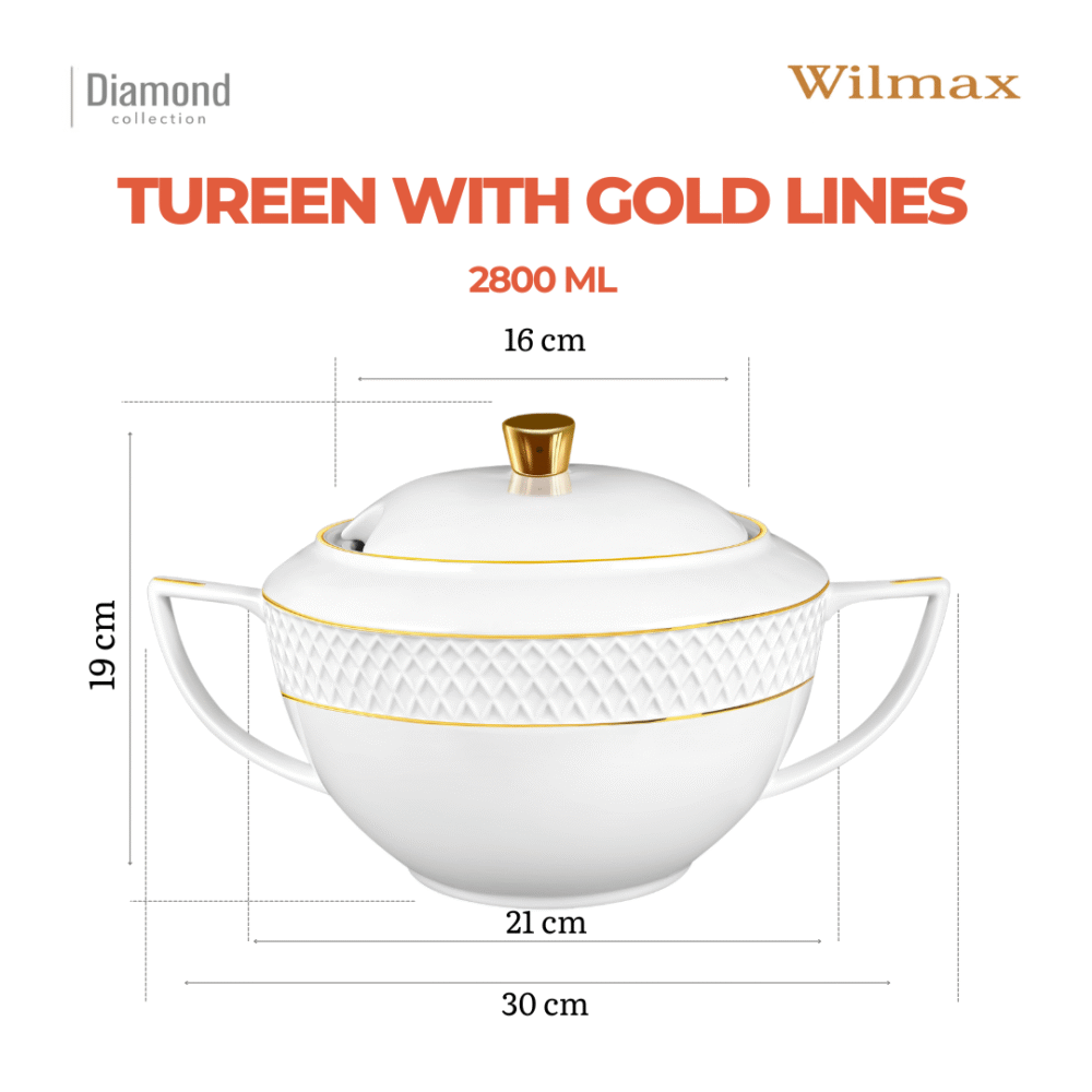 Wilmax Suppenterrine mit Deckel 2800 ml Weiß mit Golddekor aus Porzellan