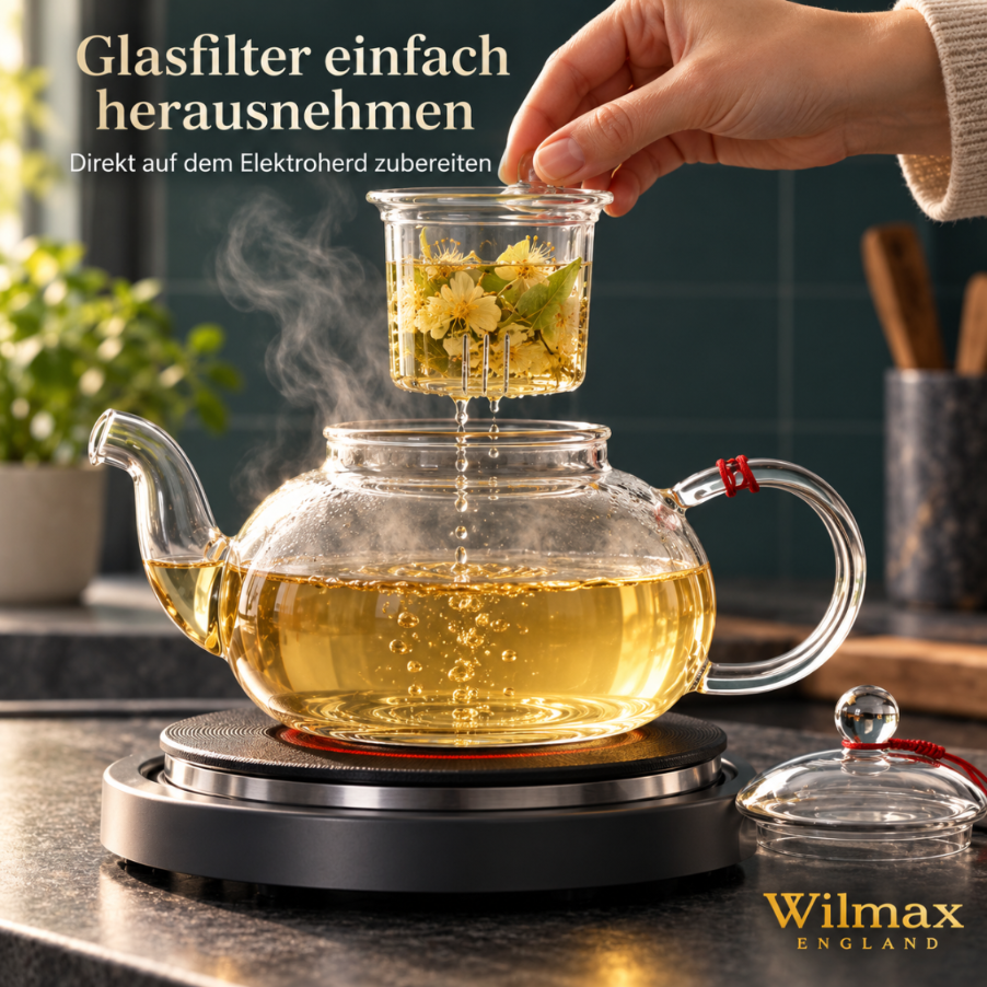 Wilmax Teekanne 770 ml mit Glasfilter Transparent aus Thermoglas