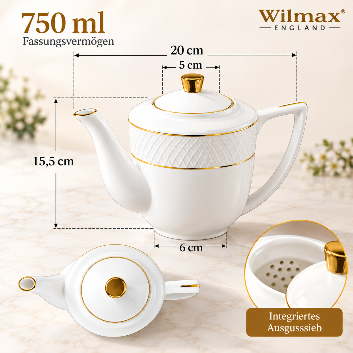 Wilmax Kaffee- und Teekanne mit integriertem Ausgusssieb 750 ml Weiß mit Golddekor aus Porzellan