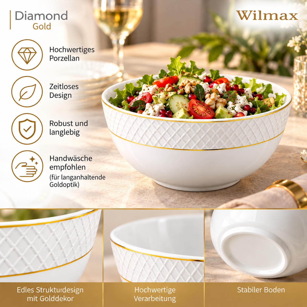 Wilmax Schale 1850 ml 20 cm Weiß mit Goldrand aus Porzellan