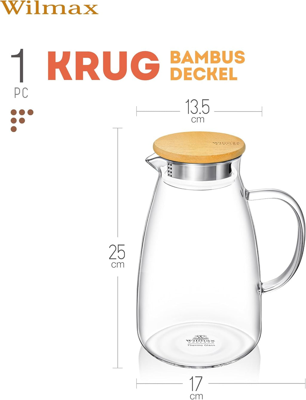 Wilmax Krug 1900 ml mit Bambusdeckel Transparent aus Thermoglas