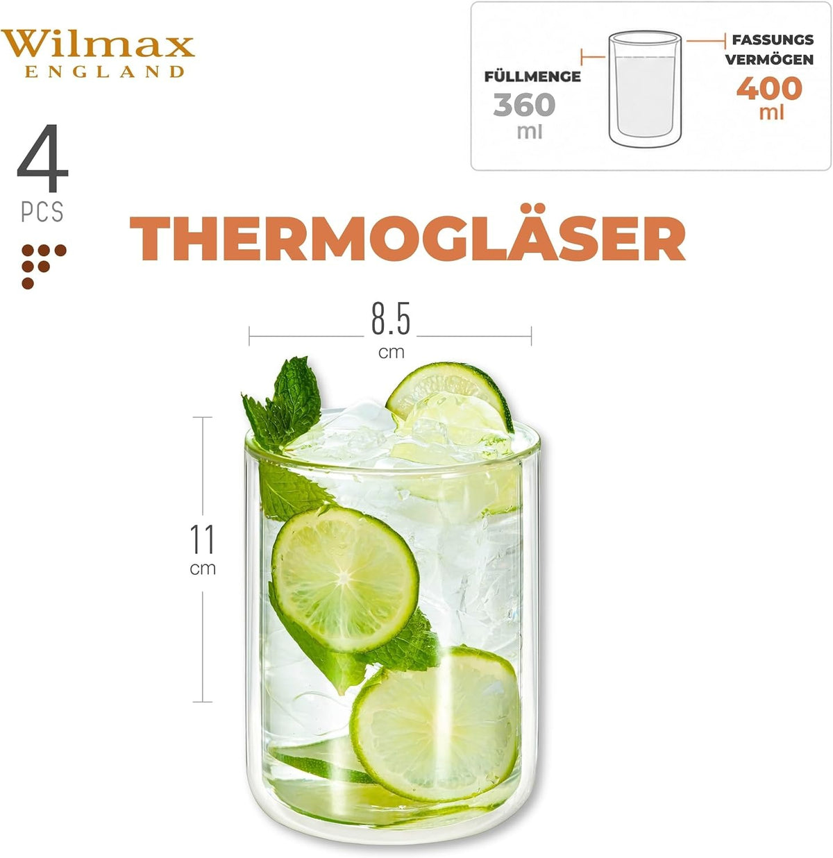 Wilmax Doppelwandiges Thermoglas 400 ml 4er-Set Transparent