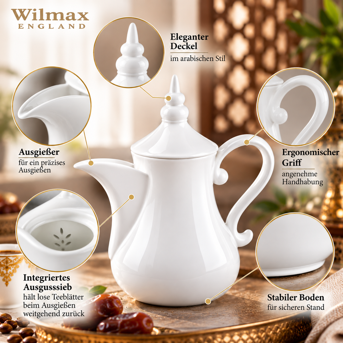 Wilmax Arabische Kaffee- und Teekanne mit integriertem Ausgusssieb 1000 ml Weiß aus Porzellan