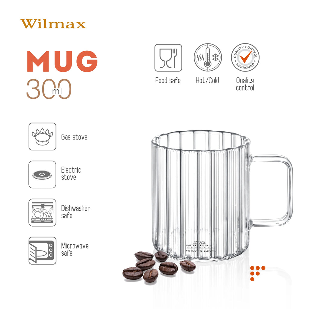 Wilmax Hitzebeständiger Glasbecher mit Henkel 300 ml Transparent aus Glas