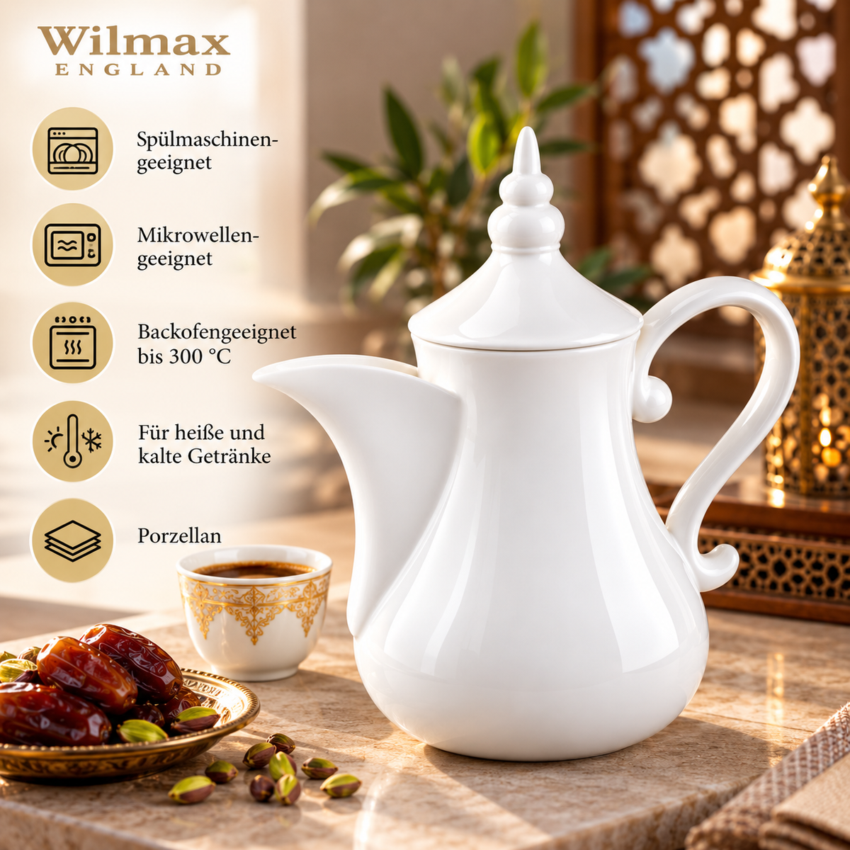 Wilmax Arabische Kaffee- und Teekanne mit integriertem Ausgusssieb 1000 ml Weiß aus Porzellan