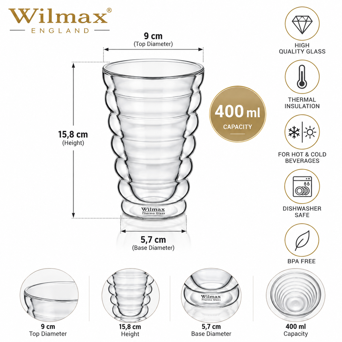 Wilmax Doppelwandiger Thermobecher 400 ml 2er-Set Transparent