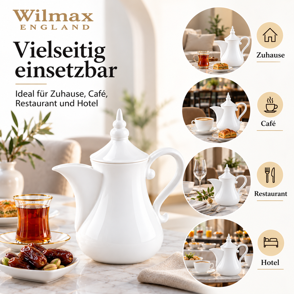Wilmax Arabische Kaffee- und Teekanne mit integriertem Ausgusssieb 1000 ml Weiß aus Porzellan